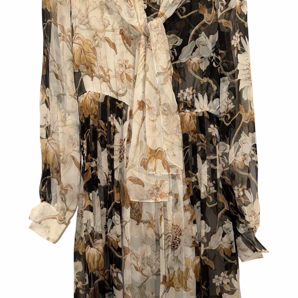Oscar de la Renta Black Cream Midi Dress Silk Floral Tie Neck 6 Formal Wedding - Picture 6 of 15